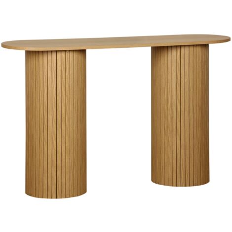 Console ovale scandinave effet bois rainuré. pieds ronds. couleur naturelle. L 120 x P 35 x H 75cm (1/5)