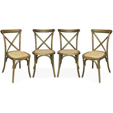 Sweeek – Lot de 4 chaises de bistrot empilables en bois d'hévéa marron vieilli – Assise en rotin – Dimensions 48,5x53,5x88,5cm – Hauteur d'assise 46,5cm