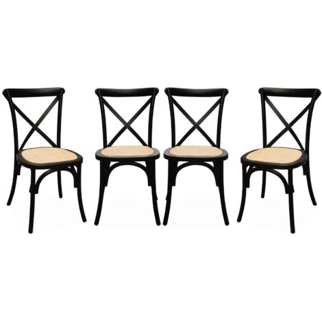 Sweeek – Lot de 4 chaises bistrot en bois d'hévéa noir – Assise en rotin – Empilables – Hauteur d'assise 46,5cm – Dimensions L 48,5 x P 53,5 x H 88,5cm (1/5)