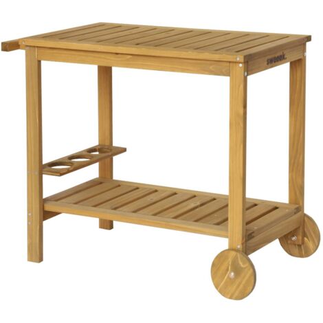 Desserte extérieure 95 cm en bois avec roues et poignée. Bois naturel. L 95 x l 47 x h 74cm