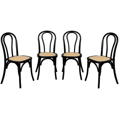 Lot de 4 chaises vintage en bois avec assise en rotin et dossier arrondi. coloris noir. L 48 x P 49.5 x H 90cm (1/5)