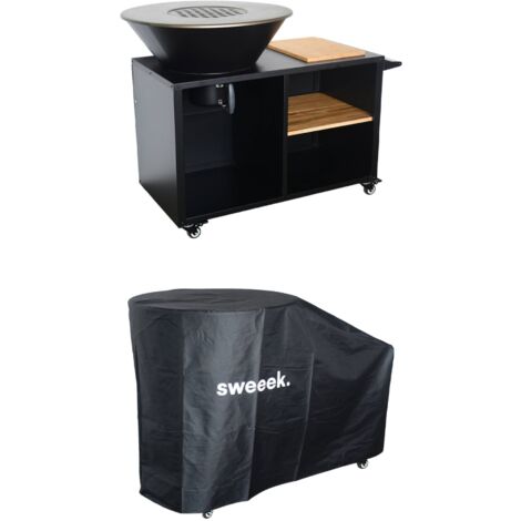 Braséro Ø80cm. grille de cuisson. stockage bois. coloris noir + housse de protection. L 138 x P 82 x H 114 cm