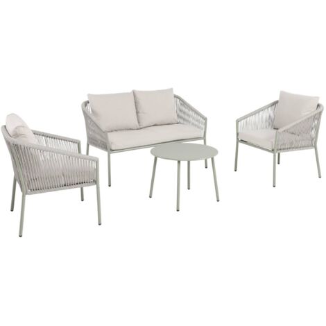 Salon de jardin beige MANTOVA en acier et cordes en résine. 4 places. un canapé. deux fauteuils. une table ronde (1/5)