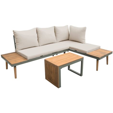 Sweeek – Salon de jardin modulable 4 places – Structure en bois d'acacia et aluminium – Dimensions 140 x 68 x 65cm – Kaki foncé / Beige