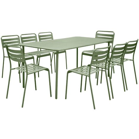 Table de jardin métal + 8 assises vert traitement antirouille. lattes et bords arrondis (1/5)