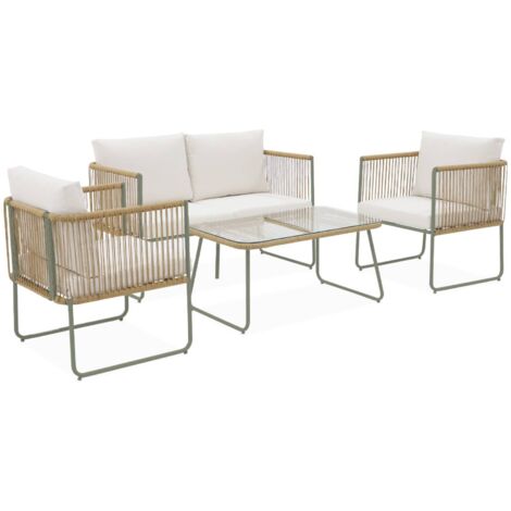 Salon de jardin en corde résine plastique et acier galvanisé. table basse en verre trempé. 4 places  Kaki / Blanc