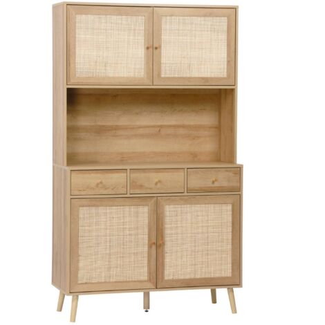 Buffet de cuisine BOHEME décor bois et cannage 4 portes 3 tiroirs 110 cm. Naturel. pieds en bois de pin revêtement papier (1/5)