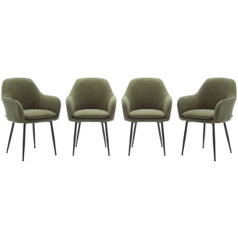 Sweeek – Lot de 4 fauteuils en velours côtelé kaki foncé – Coussin d'assise déhoussable – Pieds en métal noir mat – Dimensions L 57 x P 59 x H 84,5cm