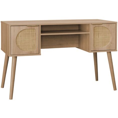 Sweeek – Bureau droit en bois et cannage 2 portes – Dimensions 120 x 55 x 76,5 cm – Rangement fermé et ouvert – Poignées en métal moderne