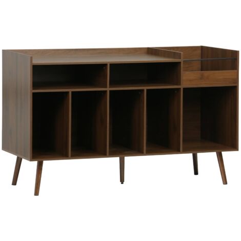 Sweeek – Meuble vinyle vintage décor bois – Buffet scandinave L 130 x P 50 x H 80 cm – Casiers pour vinyles et platine – Pieds compas en métal noir (1/5)