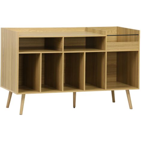 Sweeek – Meuble vinyle vintage scandinave décor bois – L 130 x P 50 x H 80 cm – 4 casiers de rangement – Pieds compas en métal noir (1/5)