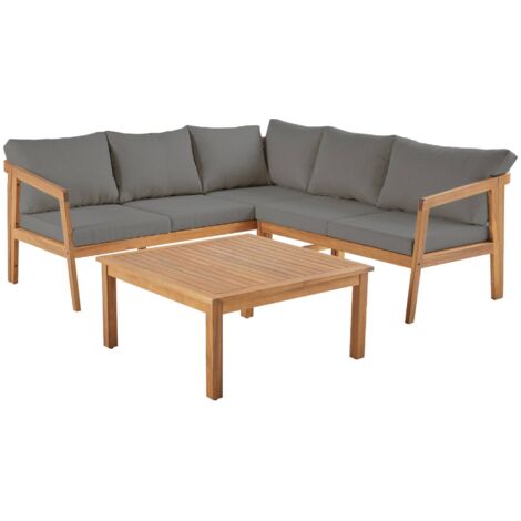 Salon de jardin d'angle gris en acacia 5 places LOBERIA CORNER. table carrée (1/5)