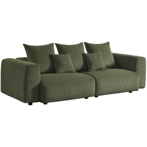 Canapé déhoussable 3 places en velours côtelé grosse côte avec pluie de coussins L 230 x P 97 x H 82cm - Pillow Velours côtelé Kaki (1/5)