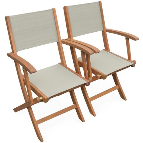 Fauteuils de jardin en bois et textilène - Almeria Gris taupe - 2 fauteuils pliants en bois d'Eucalyptus huilé et textilène