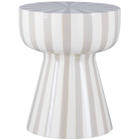 Table d'appoint. bout de canapé. table de chevet. acier émaillé rayures bicolore. gris beige et blanc. Ø34 x H41cm (1/5)