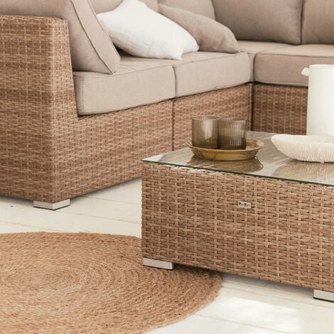 Salon de jardin Premium en résine tressée arrondie – VITTORIA – 5 places Bois / Beige