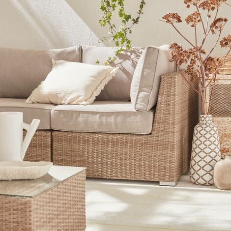 Salon de jardin Premium en résine tressée arrondie – VITTORIA – 5 places Bois / Beige
