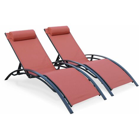 Duo de bains de soleil en aluminium et textilène Louisa Anthracite / Terracotta