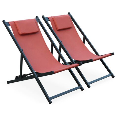 Lot de 2 bains de soleil - Gaia terra cotta - Transat en aluminium gris anthracite et textilene avec coussin repose tête. chilienne