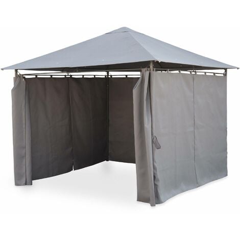 Tonnelle 3x3 m - Elusa - Toile grise - Pergola avec rideaux. tente de jardin. barnum. chapiteau. réception