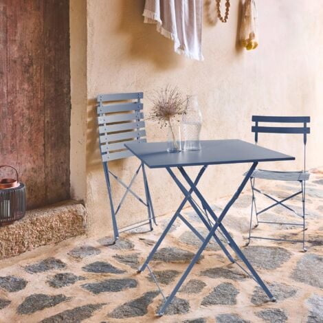 Table de jardin bistrot pliante métal + 2 assises bleu grisé 70 x 70cm. acier thermolaqué