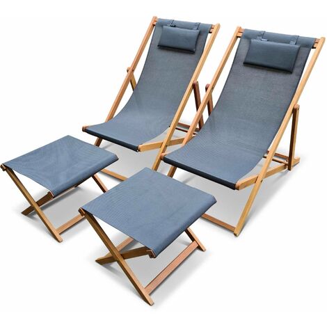 Chiliennes bois - Creus - 2 transats en bois d'Eucalyptus huilé avec coussin repose-tête gris et repose-pieds