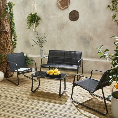 Salon de jardin en métal  et textilène pour 4 personnes. design Anthracite / Noir