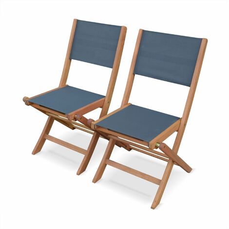 Lot de 2 chaises de jardin en bois Almeria. 2 chaises pliantes Eucalyptus huilé et textilène Anthracite / Anthracite