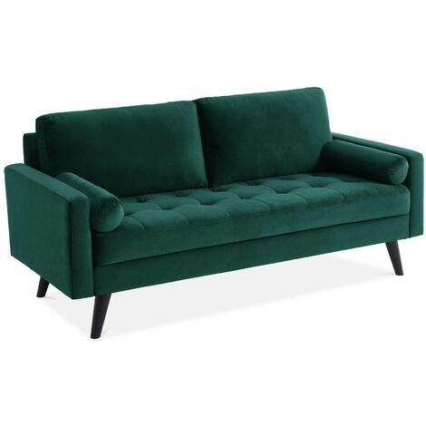 Canapé 3 places scandinave fixe. droit. pieds bois Velours Vert anglais