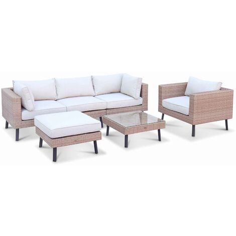 Salon de jardin 5 places en résine tressée plate – Alba Beige / Beige (1/5)