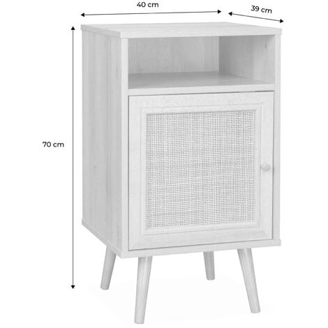 Table de chevet en cannage coloris naturel - Bohème - 40x39x70cm. naturel - 2 niveaux - 1 porte - 1 espace de rangement - pieds scandinaves