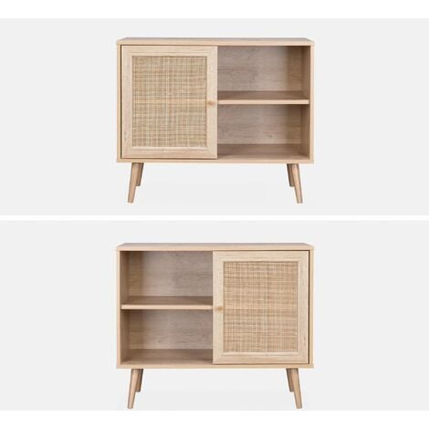 Meuble de rangement en cannage 80x39x65.8cm  Bohème - Naturel -  2 niveaux - 1 porte -  pieds scandinaves. buffet bas
