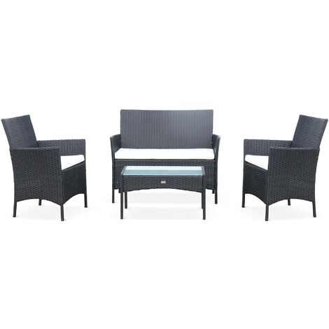 Ensemble de jardin en résine tressée. salon 4 places   fauteuil Moltès Noir / Ecru