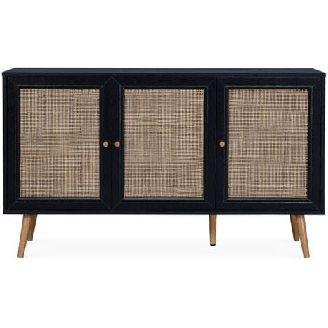 Buffet de rangement en cannage. noir 120x39x70cm  - Bohème - 2 niveaux. 3 portes. pieds scandinaves. buffet bas