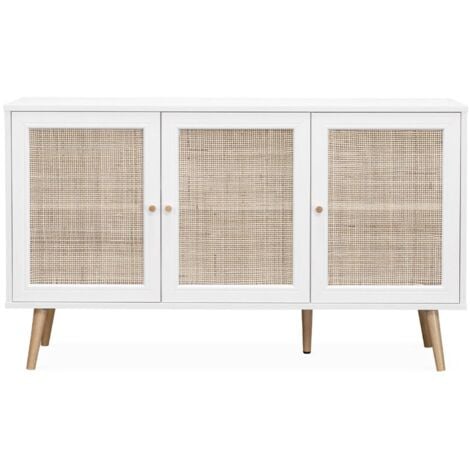 Buffet de rangement en cannage. blanc 120x39x70cm  - Bohème - 2 niveaux. 3 portes. pieds scandinaves. buffet bas