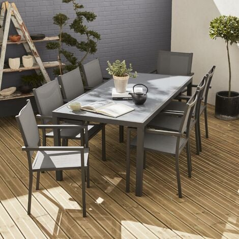 Salon de jardin aluminium table 180cm. 8 fauteuils en textilène Anthracite / Gris