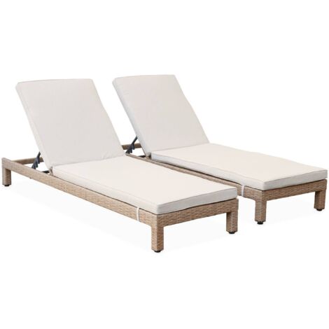 Ensemble de 2 Bains de soleil en résine tressée lounge Pisa transat Naturel / Beige