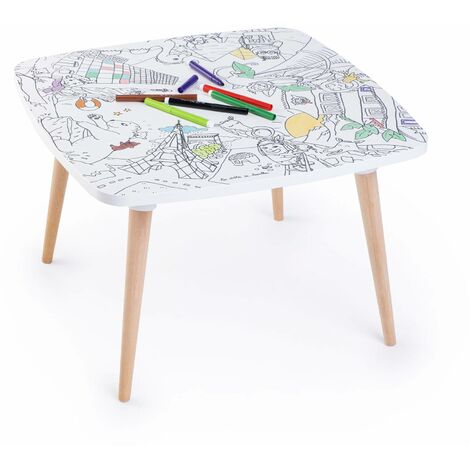 Table enfant à colorier – Coloritable Les drôles de bouilles. Made in Europe. effaçable. 60x60cm. pieds ronds en bois. feutres fournis Le voyage formidable (1/5)