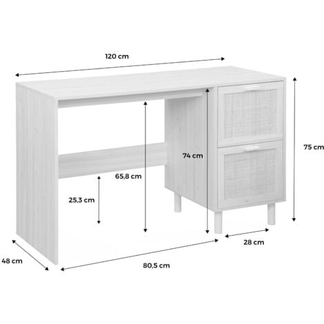 Bureau décor bois et cannage - Camargue - 120cm. 2 tiroirs