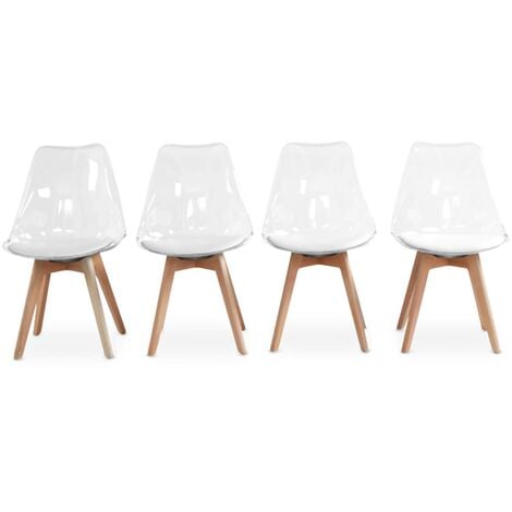 Lot de 4 chaises scandinaves - Lagertha - pieds bois, fauteuils 1 place, coussin blanc, coque transparente