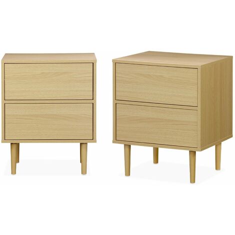 Lot de 2 tables de chevet décor bois naturel - Mika - 2 tiroirs - L 48 x l 40 x H 59cm (1/5)
