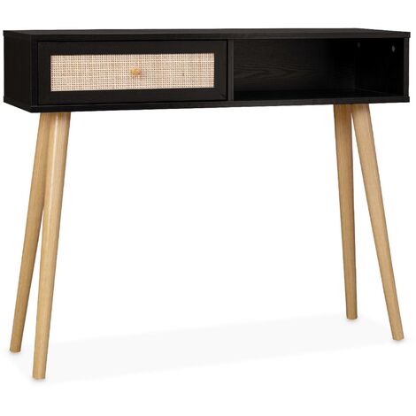 Console en cannage 100x29x81cm  -  Bohème -  Noir. 1 tiroir.1 espace de rangement. pieds scandinaves décor bois. 1 poignée