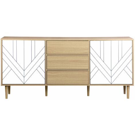 Buffet de rangement décor bois et blanc - Mika - 2 niveaux. 2 portes. 3 tiroirs. buffet bas. L 160 x l 40 x H 74cm