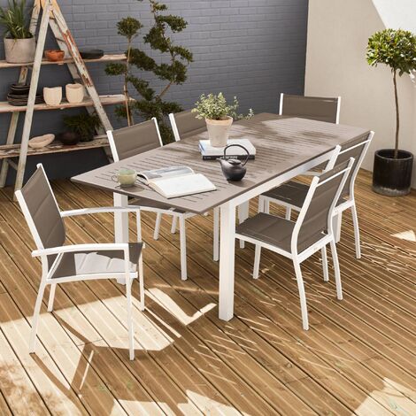 Salon de jardin table extensible - Chicago 210  - Table en aluminium 150/210cm avec rallonge et 6 assises en textilène Blanc / Taupe