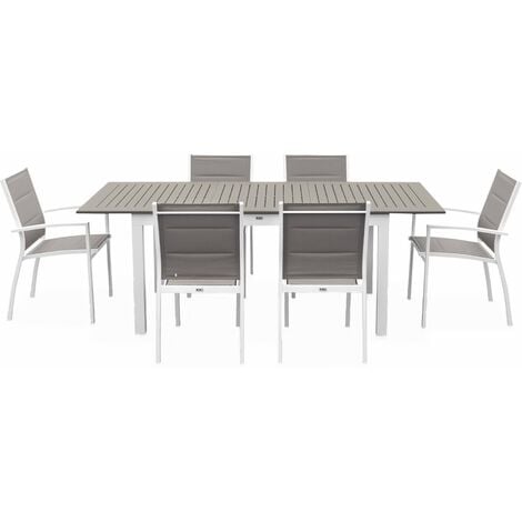 Salon de jardin table extensible - Chicago 210  - Table en aluminium 150/210cm avec rallonge et 6 assises en textilène Blanc / Taupe