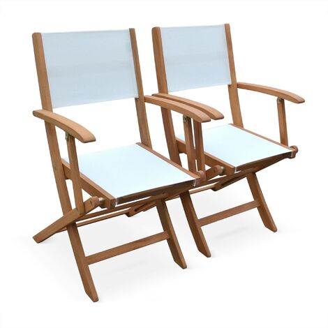 Fauteuils de jardin en bois et textilène - Almeria blanc - 2 fauteuils pliants en bois d'Eucalyptus huilé et textilène