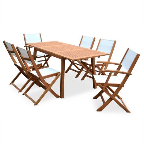 Salon de jardin en bois Almeria. table 120-180cm rectangulaire. 2 fauteuils et 4 chaises eucalyptus et textilène Bois / Blanc (1/5)