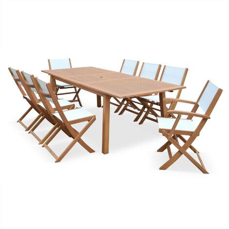 Salon de jardin en bois Almeria. grande table 180-240cm rectangulaire 2 fauteuils 6 chaises eucalyptus et textilène Bois / Blanc (1/5)