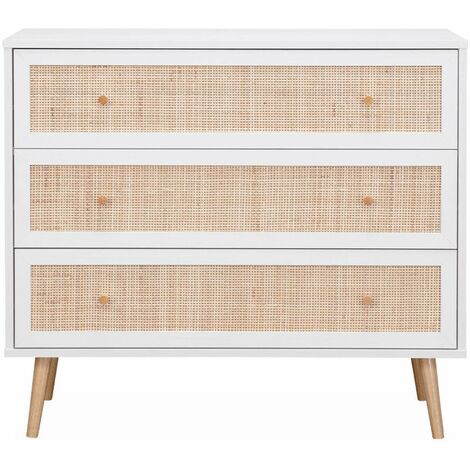 Commode en décor bois blanc et cannage 90x39x79cm - Bohème - 3 tiroirs