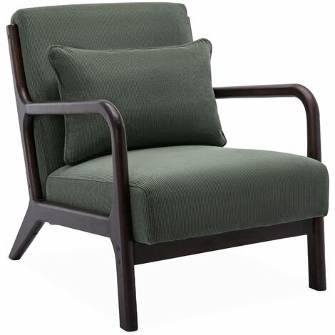 Fauteuil velours côtelé vert . pieds bois d'hévéa teinté wengé. 1 place droit fixe. pieds compas scandinave. structure en bois solide